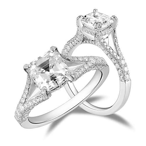 DovEggs Moissanite Engagement Rings for Women 2ct 7x7mm G-H-I Color Asscher Cut Moissanite Split Shank Hidden Halo Anniversary Wedding Ring 14k Gold Quality Sterling Silver