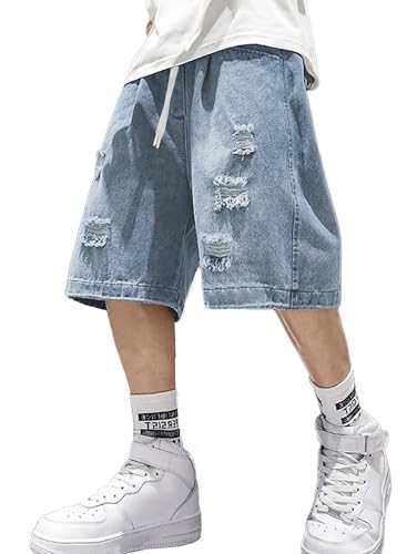 EMMIOL Baggy Jean Shorts Men, Y2k Jorts Ripped Elastic Waist, Mens Denim Shorts Comfy Casual Streetwear Summer,3XL