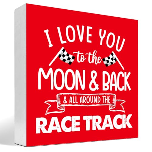 I Love You To The Moon And Back And All Around The Race Track Wood Box Sign Desk Decor,Farmhouse Racing Checkered Flags Box Block Sign for Home Boys Room Shelf Table Decor Bright Red