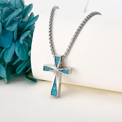 Cross Urn Necklaces for Ashes 925 Sterling Silver Turquoise Cross Urn Pendant Necklace Cremation Urn Jewelry for Men Women3