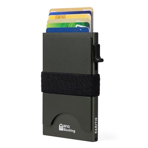 Image of Card Holder Wallets for Men | Slim Aluminum Wallet | RFID Blocking Minimalist Metal Pop Up Wallet | Money Clip & Cash Band | Expandable Compact Plate | Men's Accessories & Gifts for Men,Army Green