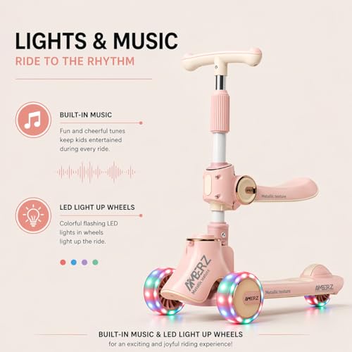 Image of Multi-Functional 2 in 1 Kids Kick Scooter with Foldable Seat | Adjustable Handlebar | PU LED Flashing 3 Wheels | for Boys & Girls Age 3-14 Years (KS-110 Pink)