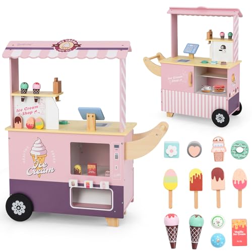 COSTWAY Carrito de Helados para Niños, Heladería de Madera con Ruedas, Juego de Simulación con Máquina de Helados y Máquina Expendedora, Expositor, Pantalla, 15 Juguetes de Comida, Asa (Rosa)