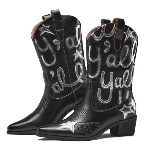Image of Metallic Cowboy boots for Women Embroidered Mid Calf Womens Cowgirl Boots Western Pointed Toe Chunky Heel