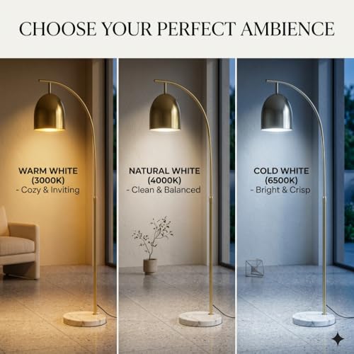 Image of Floor Lamp 3-Color CCT (Warm + Natural + Cold White) Arc Gold Metal with Marble Base | E27 | Standing Lamp for Living Room Bedroom