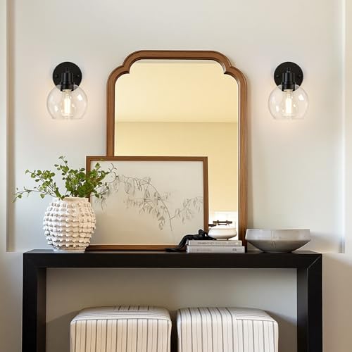 Image of Indoi Matte Black Wall Sconces Set of 2, Clear Glass Vanity Light Fixtures with E26 Base, Reversible Up or Down Wall Lights for Living Room, Bathroom, Bedroom, Hallway, Kitchen