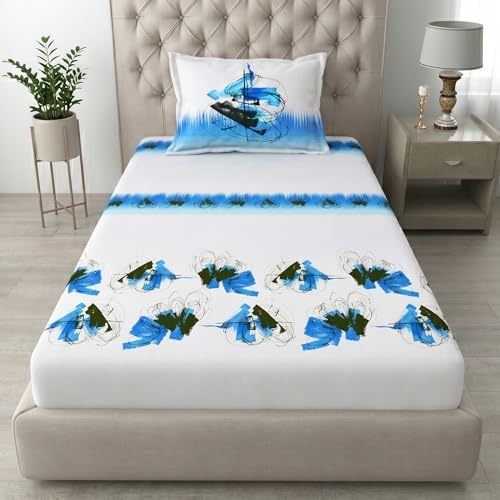Image of Mafatlal 186 TC Autumn Delight Graceful Pure Cotton Single Flatsheet (60 x 90 Inch) | Breathable Summer Comfort | Wrinkle-Free Floral Bedsheet with 1 Pillow Cover, White Blue