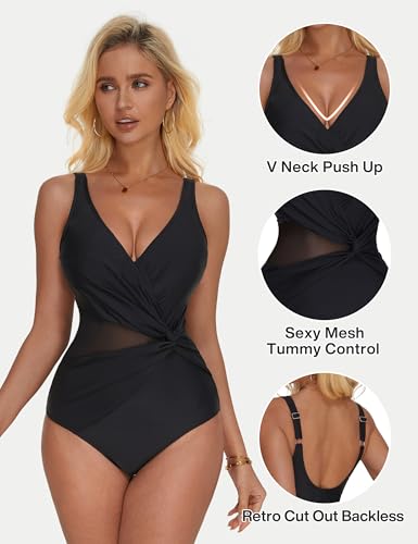 SUUKSESS Women Sexy Mesh Tummy Control One Piece Swimsuit Wrap Push Up Bathing Suit Retro Backless Cut Out Swimwear (Black,L)