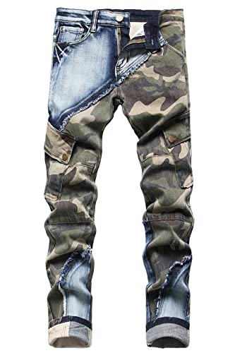 Baylvn Men's Skinny Designer Cotton Camo Denim Patched Jeans with Two Side Pockets,3132 Camouflage,Size 34