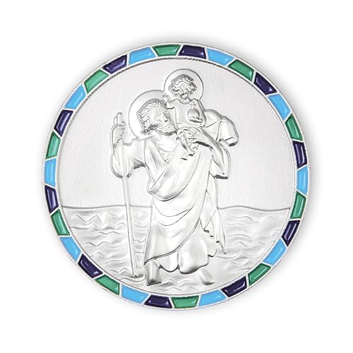 FRITZ COX Christophorus Autoplakette mit Mosaikrand | blau | Ø 3 cm | mit Magnet & 3M-Kleber Schutzpatron der Reisenden auf Geschenkkarte zum Beschriften fürs Auto Wohnmobil Motorrad