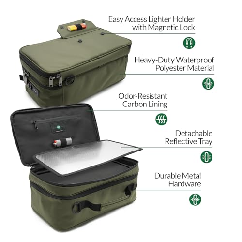 Large Storage Case with TSA Combination Lock Bag, Portable Carbon Lined, XL Medicine Lockable Box for Travel & Home Secured Box Organizer Divider Jars Accessories, Removable Tray (Green)3