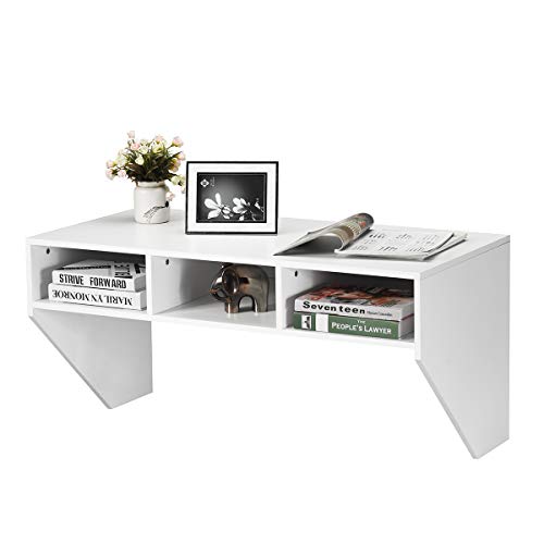 COSTWAY Escritorio Flotante para Ordenador Montado a la Pared, Mesa de Madera para PC Trabajar y Estudiar con 3 Compartimientos para Dormitorio/Salón, Fácil de Montar (Blanco)