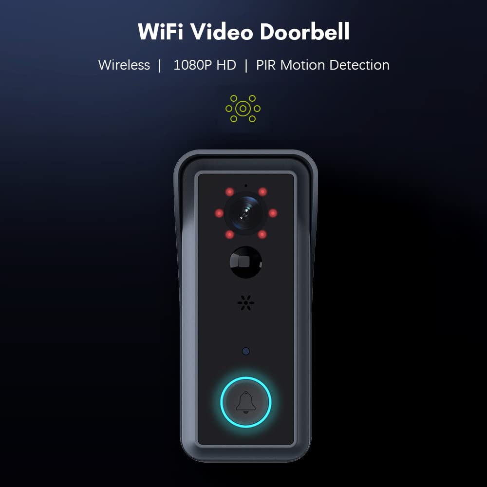 Dzwonek do drzwi wideo WiFi, bezprzewodowa kamera 1080P HD, 2-kierunkowy system audio, wykrywanie ruchu, noktowizor na podczerwień, monitor w czasie rzeczywistym, wodoodporna osłona, obsługa aplikacji