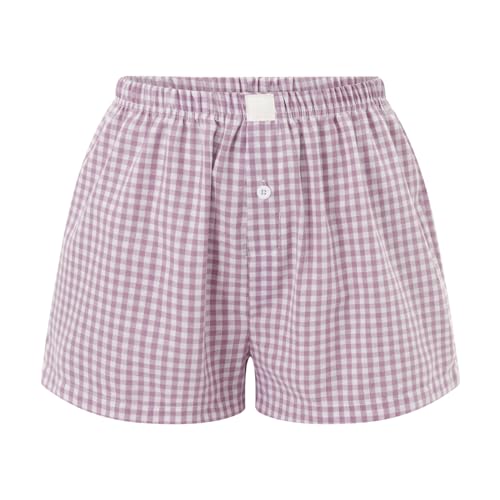 Image of Yuemengxuan Y2k Plaid Shorts Baggy Boxer Shorts for Women Elastic Waist Casual Lounge Bottom Gingham Pajama Shorts Sleepwear