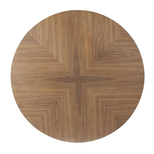 WILLIAMSPACE 53.14\" Modern Round Wood Dining Table for 6 to 7, Luxury Kitchen Table with Solid Carbon Steel Base, Mid Century Circular Table for Leisure Coffee Table Furniture (Walnut Wood+Black) - Thumbnail 5