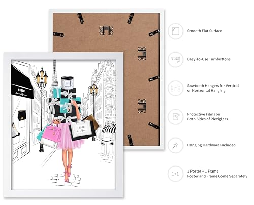 Image of Poster Master Fashion Poster - Lady with Shopping Bags Print - Trendy Art - Modern Art - Gift for Her & Fashionista - Luxury Haute Couture Decor for Bedroom or Girl's Room, 11x14 White Framed