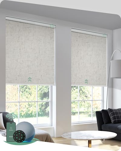 Yoolax Motorized Roller Shades, Blackout, Smart Automation, Cordless, Linen Beige, 36'W x 72'H, Compatible with Alexa