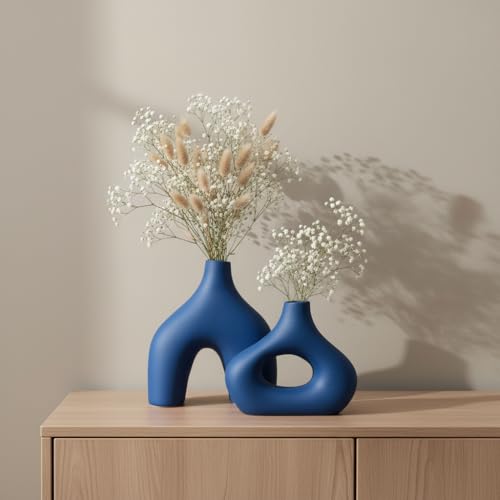 Image of PUREZENTO Abstract Blue Ceramic Donut Vase 5.4 & 7.7 Inch - Set of 2 | Decorative Unique Modern Vase for Dried Flowers & Pampas Grass | Vases for Modern Home Decor, Living Room, Office Decor Ideas