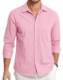 HISDERN Camisas de Lino para Hombre Manga Larga Ligeras Verano Lino Camisa de Ajuste Regular Abotonadas Casual Shirt Rosa L