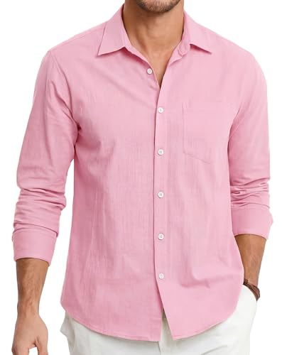 HISDERN Chemises en Lin pour Homme Rose Manches Longues Décontractée Boutonnées Légères Été Chemise Coupe Régulière de Plage Casual Shirts XL