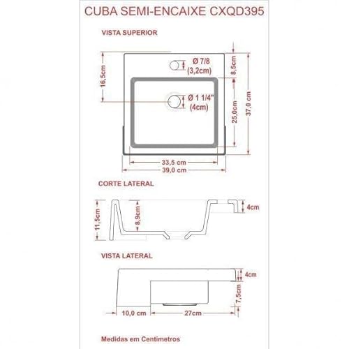 Cuba de Semi Encaixe para Banheiro XQ395 Quadrada Compace