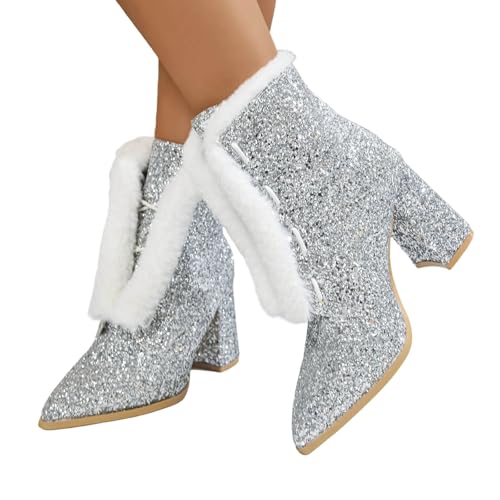 EQWIGKEIT Botas con purpurina para mujer, cómodas botas de invierno, clásicas, botas de tobillo con tacón, zapatos de lentejuelas ligeras, zapatos de tacón cuadrado, botines elegantes, B9 Silver, 37