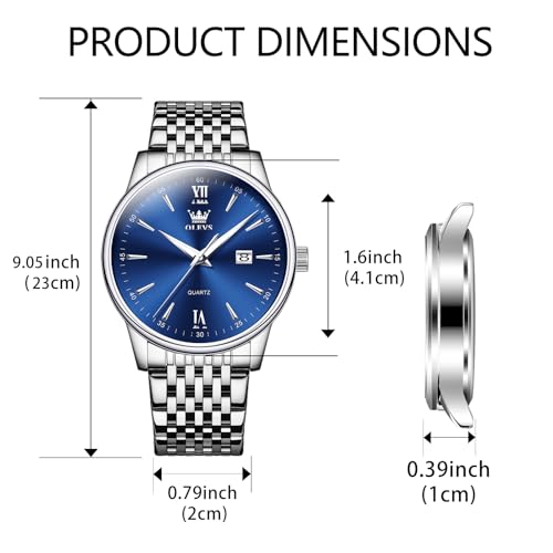 OLEVS Blue Watch for Men Big Face Simple Stainless Steel Men's Wrist Watches Waterproof Fashion Style Three Hands Calendar Watches Man Luminous Quartz Dress Mens Cheap Watch Roman Numerals Easy Read — view 6