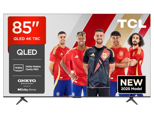 TCL 85T8C 85” QLED 4K 144Hz HDR UHD TV, Smart TV Powered by Google TV (Dolby Vision & Atmos, 144Hz Motion Clarity Pro, FreeSync, Onkyo 2.1 Sound, Voice Control, Compatible with Google Assistant Cast)