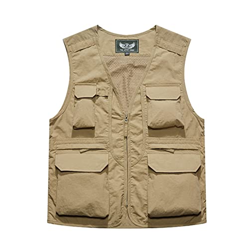 Perbai Mens Utility Fishing Cargo Vest Summer Outdoor Work Photo Safari Travel Vest Jacket(Khaki-M) #TOP6