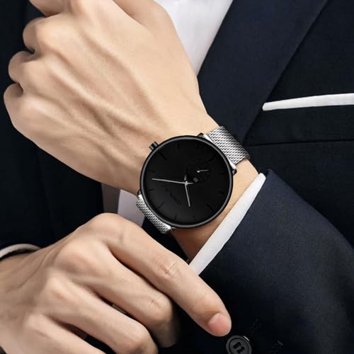 Mens Watches Ultra-Thin Minimalist Waterproof-Fashion Wrist Watch for Men Unisex Dress with Stainless Steel Mesh Band-Black Hands(Silver Band)