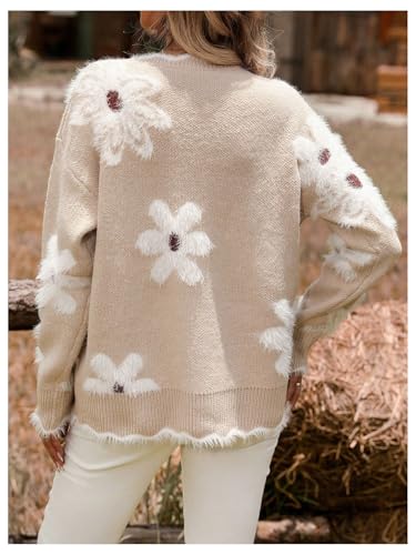 Image of SHENHE Women's Floral Sweater Crewneck Long Sleeve Fuzzy Trim Elegant Sweater Jumper Khaki Medium