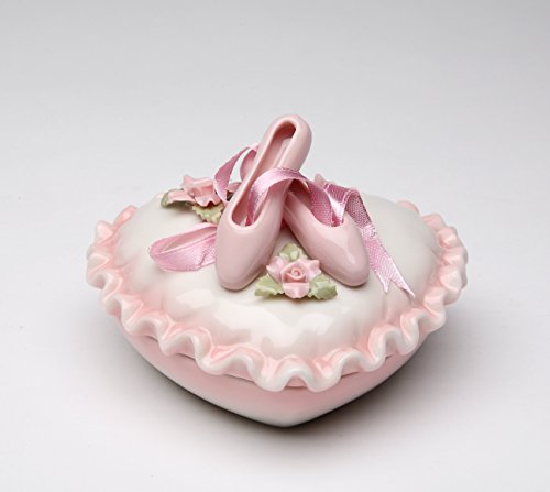 Cosmos Gifts 10603 Fine Porcelain Pink Ballerina Ballet Slippers with Pink Roses Heart Shaped Covered Trinket Jewelry Box, 4' L