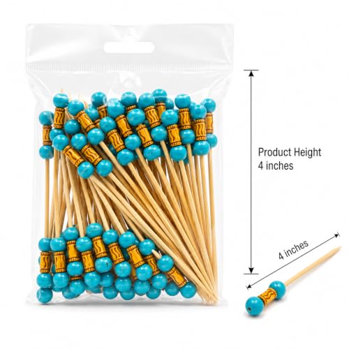Image of Somani Decorative Bamboo Cocktail Picks Turquoise Bead | Double Ball Topper Fancy Food Picks for Appetizers, Drinks & Garnish | Cafe, Lounge, Bakery, Catering & Home Entertaining | Pack of 100