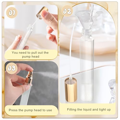 25Pcs 10ml Clear Glass Perfume Sample Vials with Golden Pump Head,Mini Empty Fine Mist Atomizer,Portable Essential Oils Spray Bottle,Travel Size Cosmetic Containers4