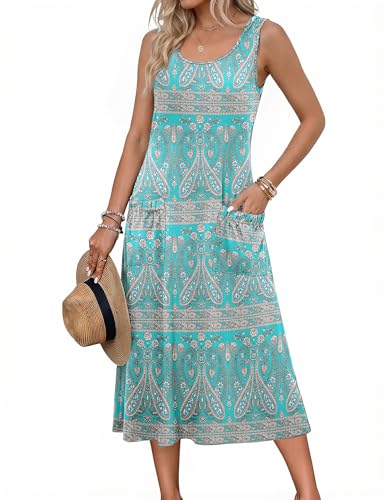Image of Zeagoo Womens Summer Midi Dresses 2026 Casual Sleeveless Tank Sundresses A Line Crewneck Beach Vacation Dress with Pockets