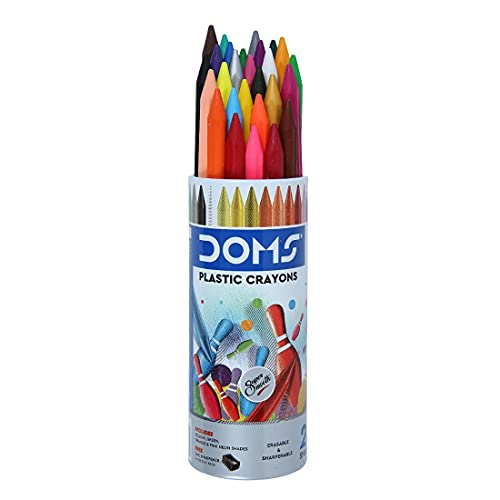 Image of Doms 28 Shades Erasable Plastic Crayons Round Tin Box | Smooth & Even Shading | Bright & Playful Colors | Free Sharpner Inside | Non-Toxic & Safe For Childrens | Pack of 1
