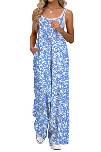 ATOG Women's Summer Jumpsuits Boho Wide Leg Overalls Casual Floral Print Rompers Beach Outfits with Pockets(Light Blue,Small)