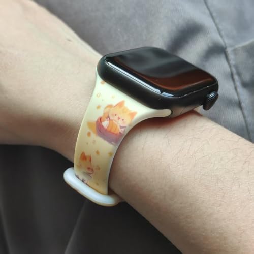 Image of Slim Cute Cartoon Band Printed Compatible with Apple Watch Bands 49mm 46mm 45mm 44mm 42mm 41mm 40mm 38mm Women, Silicone Adorable Printed Fadeless Pattern Design Strap for iWatch Series 11 10 9 8 7 6 5 4 3 2 1SE Cat