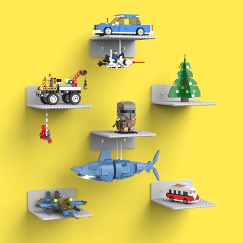 BlissBox 6-Pack Floating Display Shelves for Wall Compatible with Lego Building Bricks, 5 × 5.5 Inch Dual-Sided 16 × 17 Studs for Brick Storage and Display, ABS Display Shelf for Room Decor, Gray