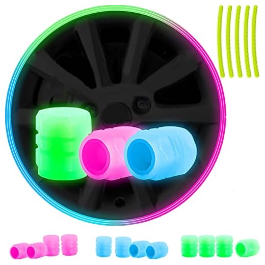 Valve Stem Caps for Car Tire, 12 PCS of 3 Colors Universal Fluorescent Noctilucous Tire Air Caps Cover with 20pcs Tire Reflective Stickers, DIY for Car, Truck, SUV, Motorcycles, Bike