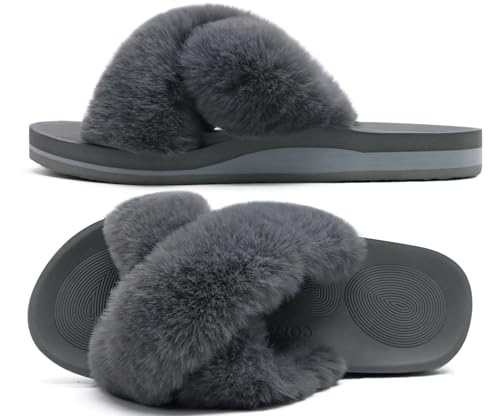Image of COFACE Womens Fuzzy Slides Fluff Faux Fur Cross Slippers Open Toe Yoga Mat House Slipper Sandals With Arch Support For Indoor /Outdoor
