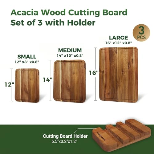 Acacia Wood Cutting Board Set of 3 with Stand (16"x12", 14"x10", 12"x8"), Edge Grain Charcuterie & Serving Boards with Juice Grooves & Handles by VIETGREEN - Image 5