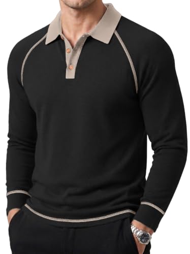 Sailwind Mens Long Sleeve Polo Shirts Fashion Casual Raglan Button Polo Tee Collared Golf Shirt Black