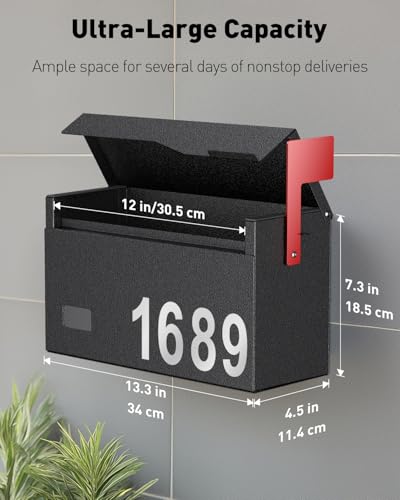 Image of Uniclife Mailboxes for Outside, Wall Mount Mailbox with Flag and Mailbox Number Stickers, Large Metal Mail Box for House, Modern Post Box for Outdoor Office Home, (No Locking Mechanism)