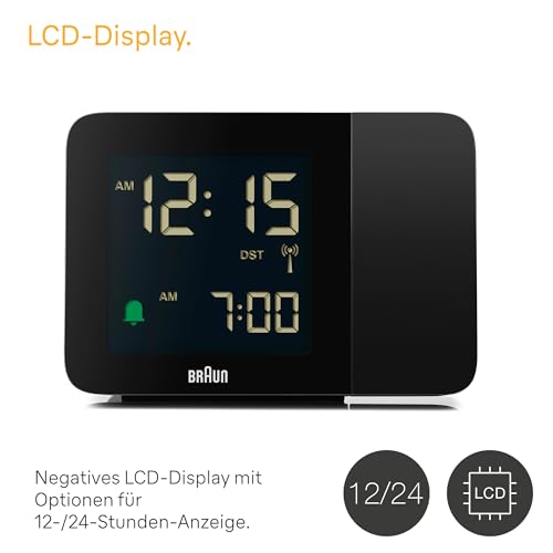 Braun Digitaler Funk-Projektionswecker für die mitteleuropäische Zeitzone (DCF) mit negativem LCD-Display, Schnelleinstellung und Alarm-Piepton in Schwarz, BC15B-DCF.