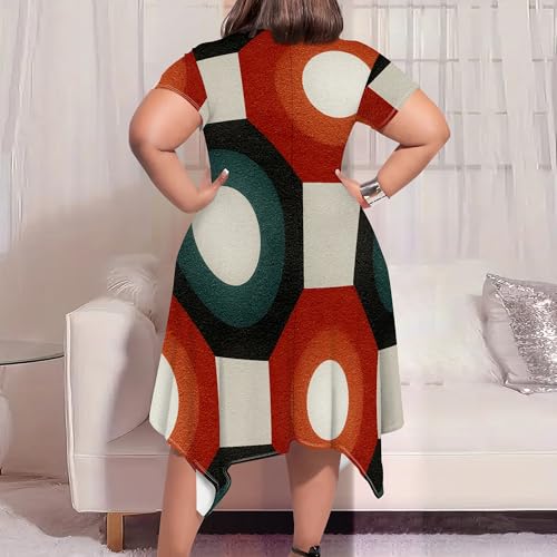 Image of Womens Summer Plus Size Crewneck Midi Dress Short Sleeve High Waist Dresses A Line Smocked Sundress with Pockets