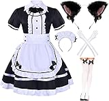 MAYAIO Anime japonés Sissy Maid Dress Cosplay Dulce Clásico Lolita Fancy Delantal Maid Dress Calcetines Guantes Gato Orejas Uniforme Set