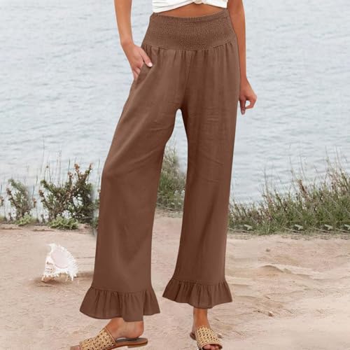 Image of Palazzo Pants for Women Linen Smocked Elastic Waist Ruffle Wide Leg Pants Summer Beach Flowy Boho Pant with Pockets
