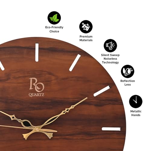 Image of Engineered Wood Round Shape Wall Clock with Metallic Hands & Silent Quartz Movement | Wooden Anti Reflection Analog Vintage Clock for Living Room Home and Office (Brown, 15 Inch)