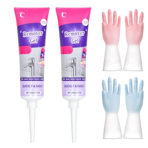 Zimoer Pack 2 Gel Removedor de Moho 90 g y 2 Pares de Guantes de Limpieza Talla M, Potente Gel de Limpieza para el Hogar para Grietas de Azulejos de Baño, Cocina, Paredes y Juntas, Alta Penetración